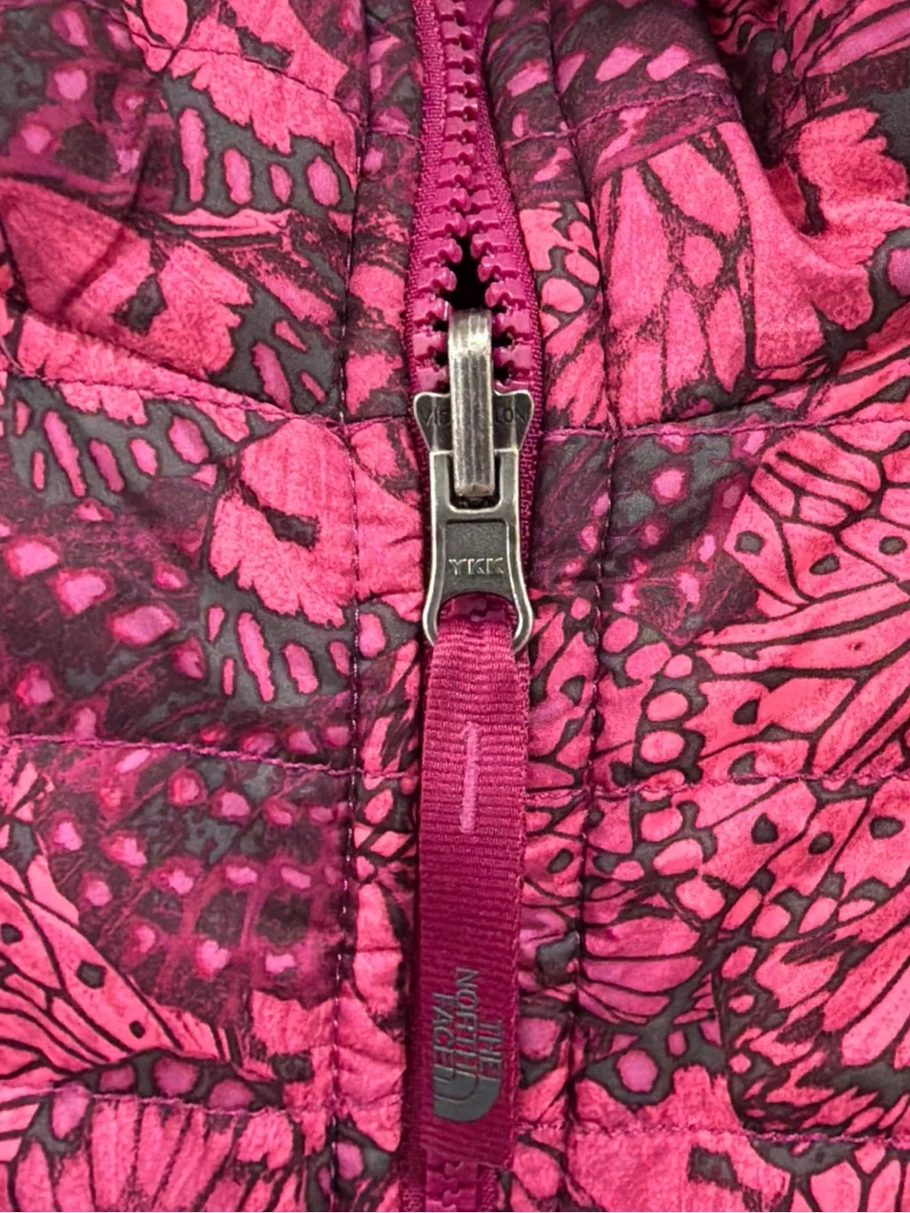 The North Face Reversible Mossbud Jacket Girls L 14 Pink Butterfly Full Zip